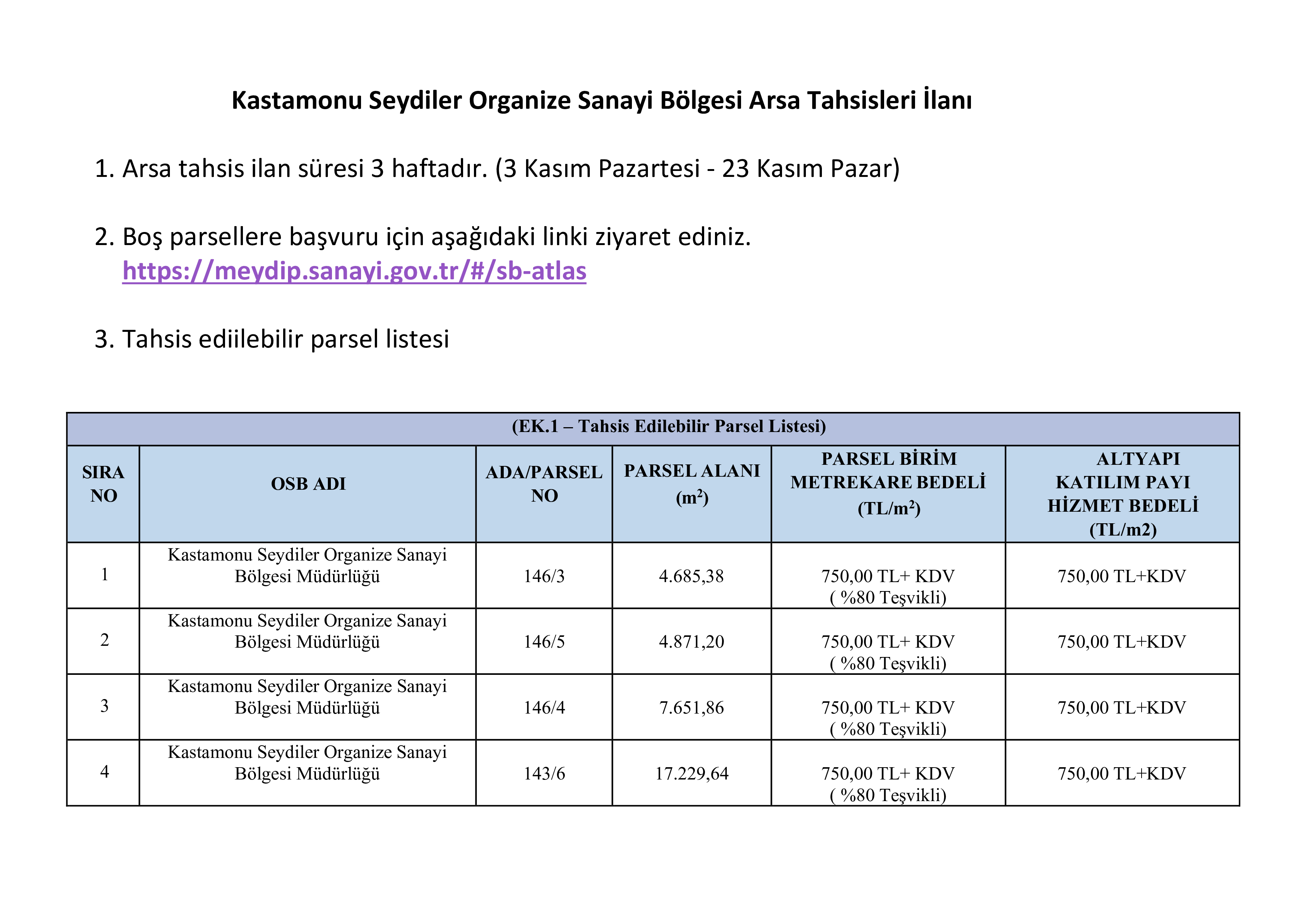 Arsa Tahsisi Duyurusu, 